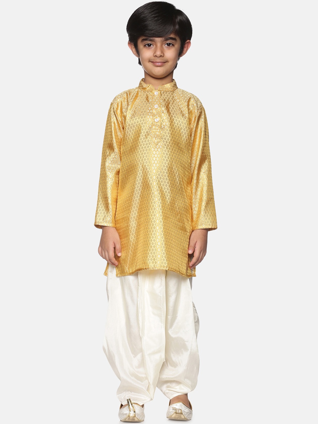 

Sethukrishna Boys Gold-Toned & Off White Woven Design Kurta with Dhoti Pants