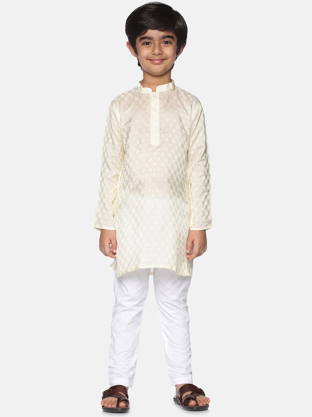 

Sethukrishna Boys Cream-Coloured & White Woven Design Kurta with Pyjamas