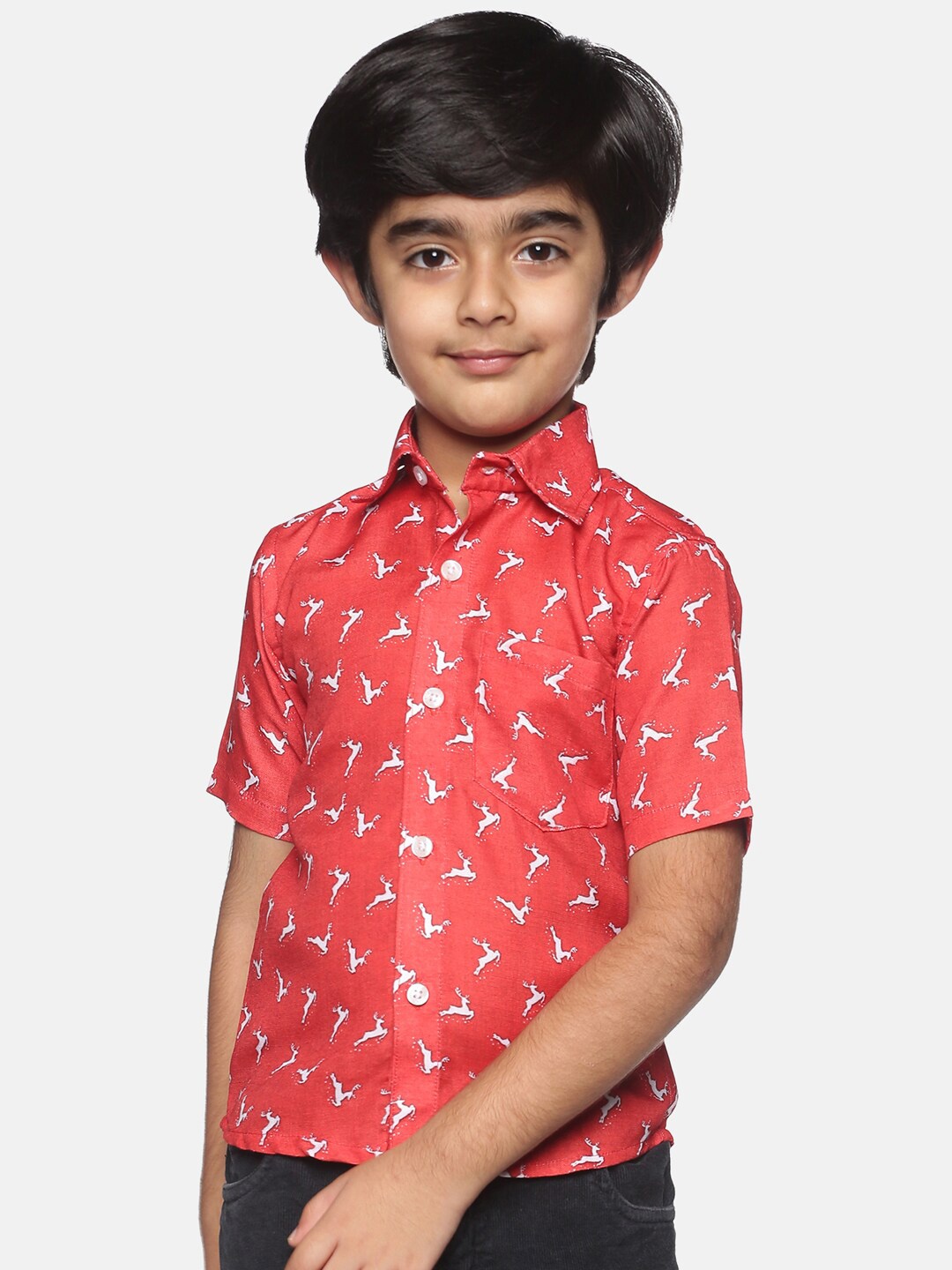 

Sethukrishna Boys Red & White Printed Party Shirt