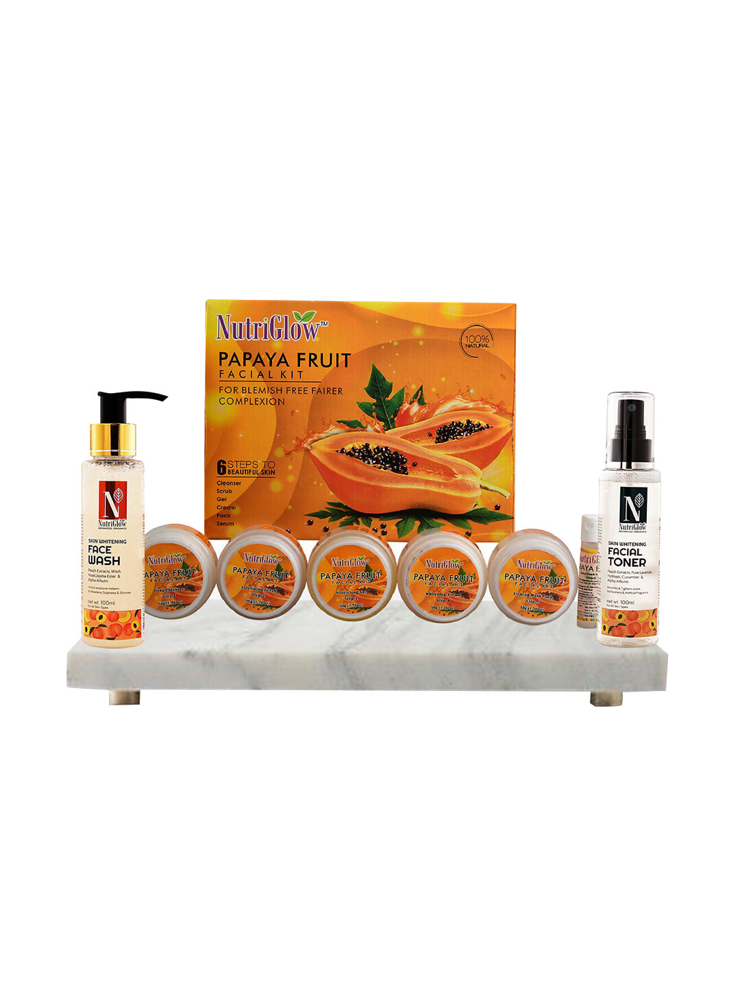 

NutriGlow Papaya Fruit Facial Kit 250g+10ml - Skin Whitening Face Wash 100ml - Toner 100ml, Orange