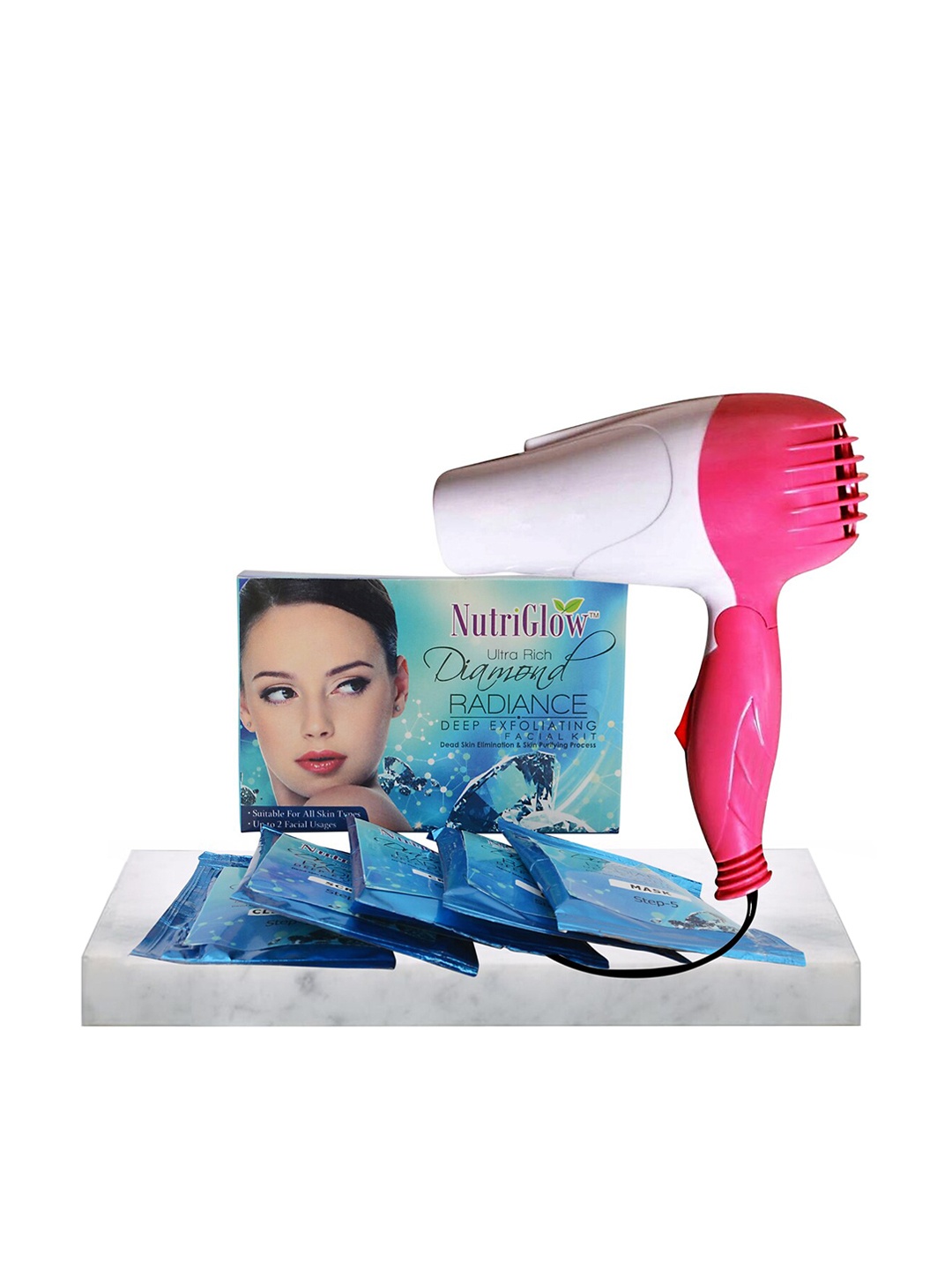 

NutriGlow Diamond Radiance Deep Exfolaiting Facial Kit with Hair Dryer 178 gm, Blue