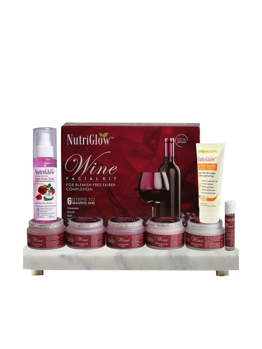 

NutriGlow Wine Facial Kit 250 g + 10 ml - De Tan Scrub 65 ml - Fresh Rose Toner 120ml, Multi