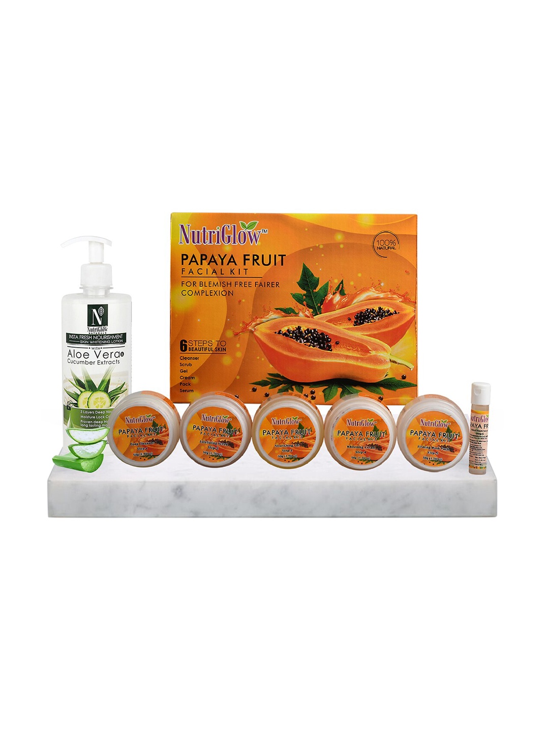 

NutriGlow Set of Papaya Facial Kit 250 g + 10 ml & Aloe Vera-Cucumber Lotion 500 ml, Multi