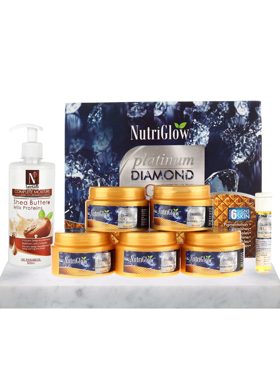 

NutriGlow Platinum Diamond & Gold Facial Kit 250g+10ml & Shea Butter Milk Proteins 500ml, Multi