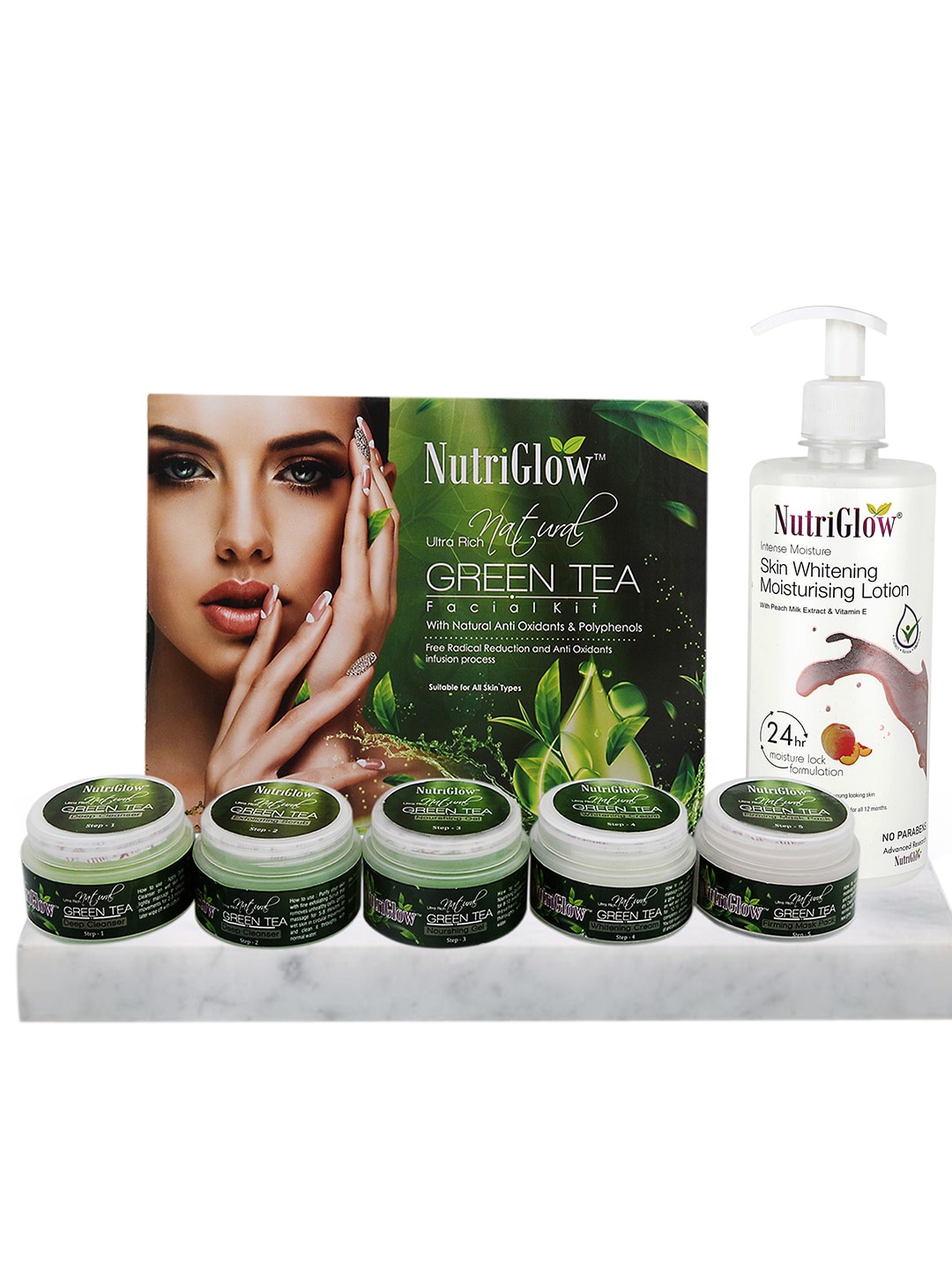 

NutriGlow Sustainable Green Tea Facial Kit 250g & Skin Whitening Moisturizing Lotion 500ml, Multi
