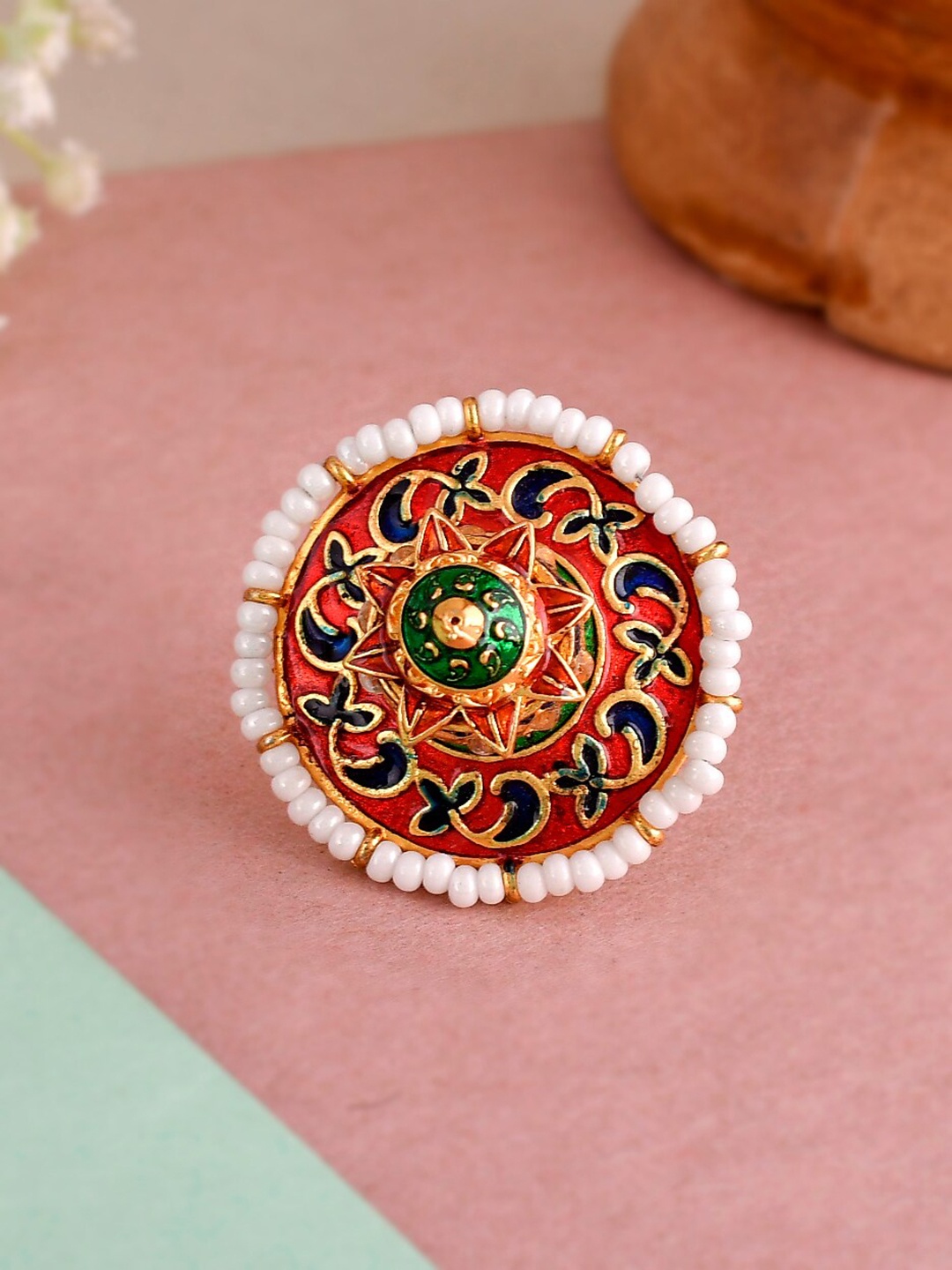 

Silvermerc Designs Gold-Toned Green & Red Kundan Studded Adjustable Meenakari Finger Ring