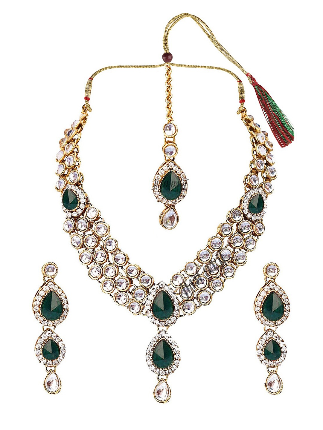 

LIVE EVIL Green & Gold-Plated Kundan Studded Maang Tika Jewellery Set