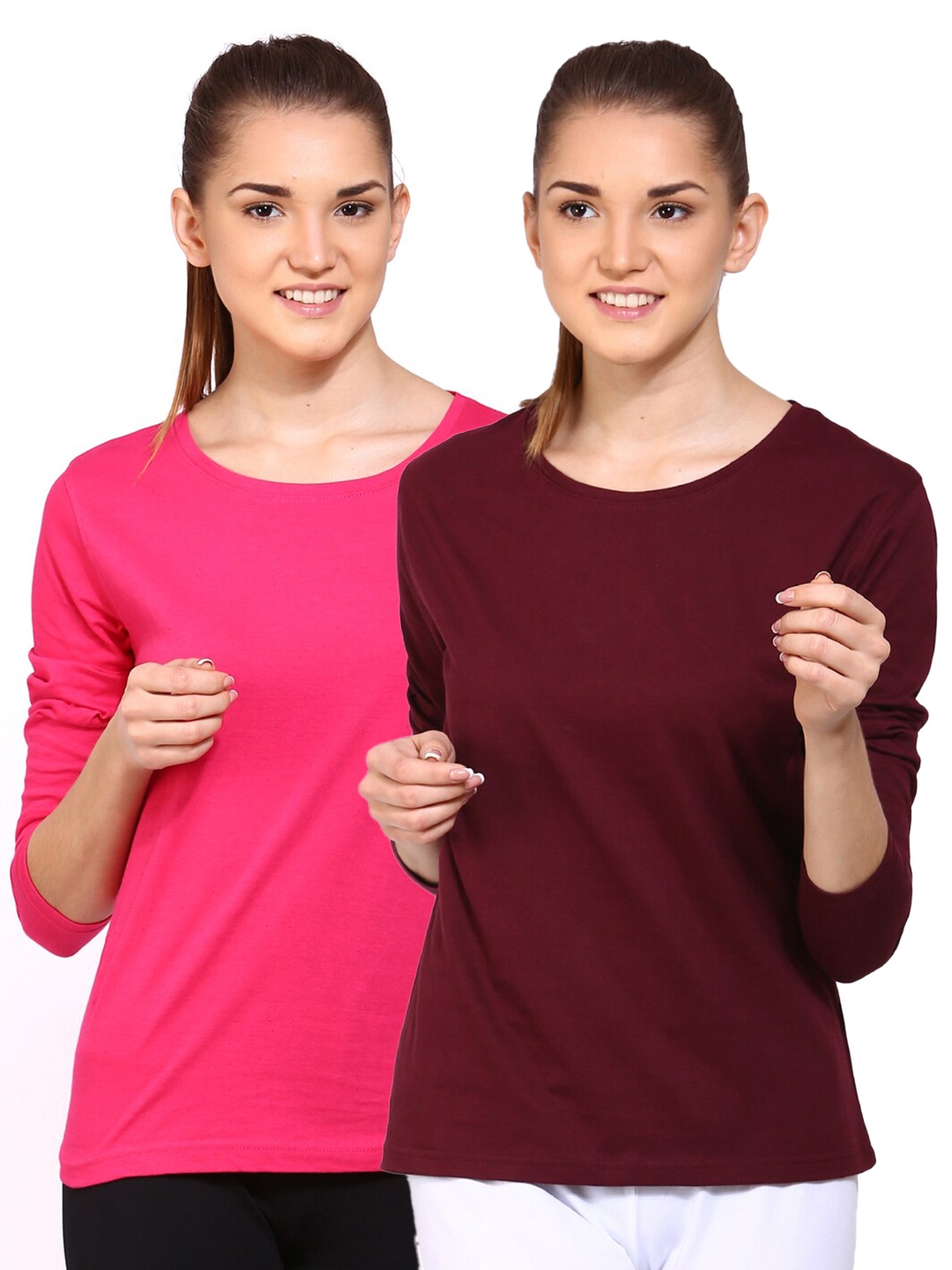 

appulse Women Pack of 2 Pink & Maroon Solid Round Neck Cotton T-shirts