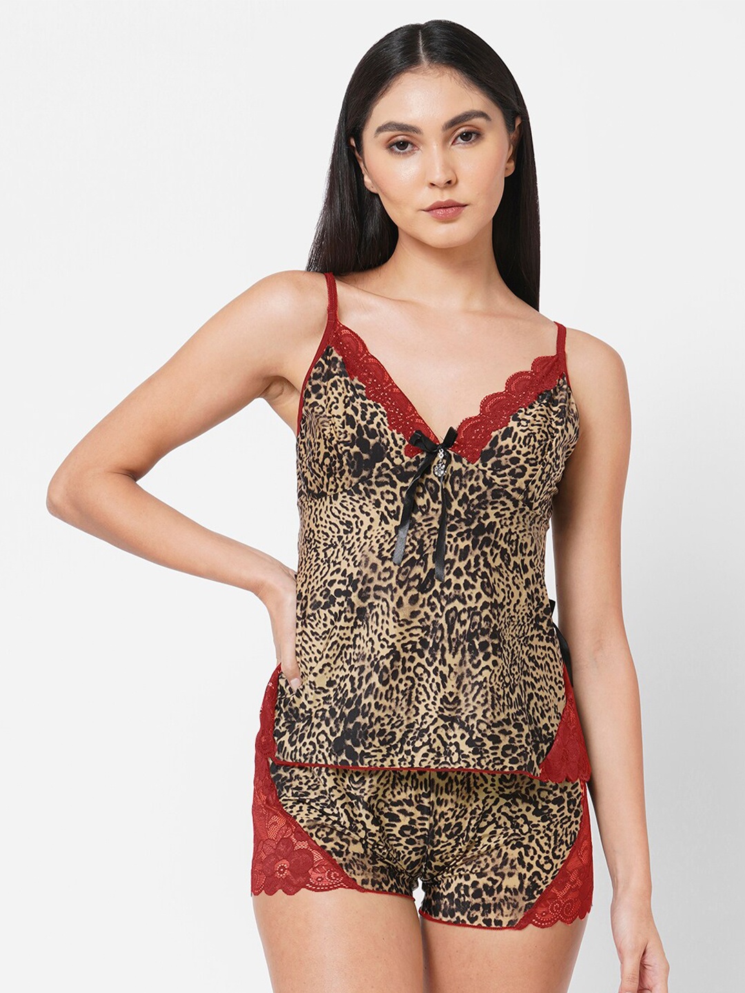 

FashionRack Beige & Brown Satin Printed Baby Doll