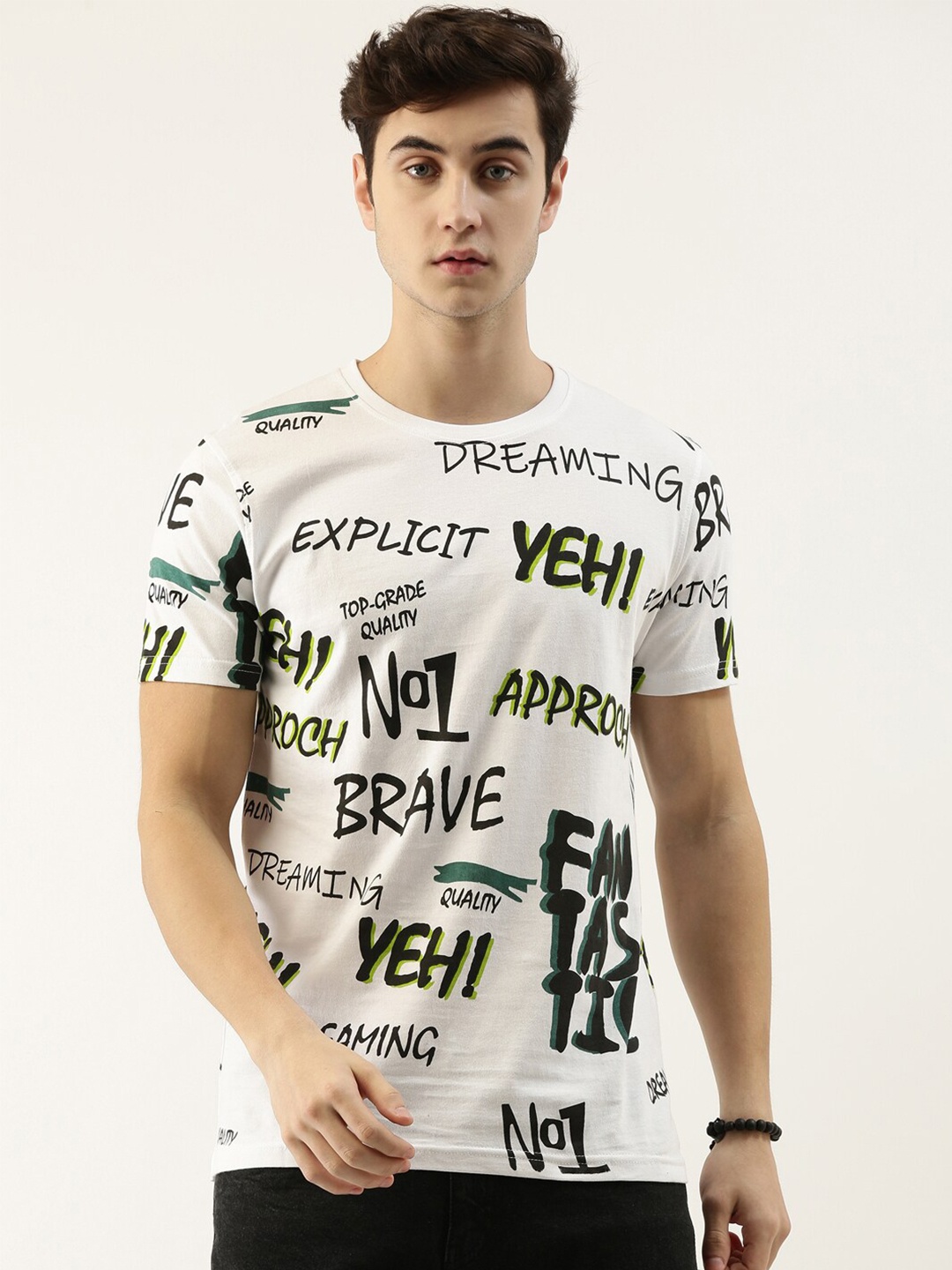 

Maniac Men White Typography Printed Slim Fit Pure Cotton T-shirt