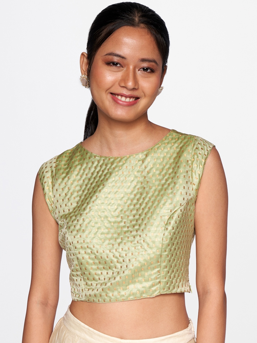 

Global Desi Green & Gold-Toned Woven Design Blouson Crop Top