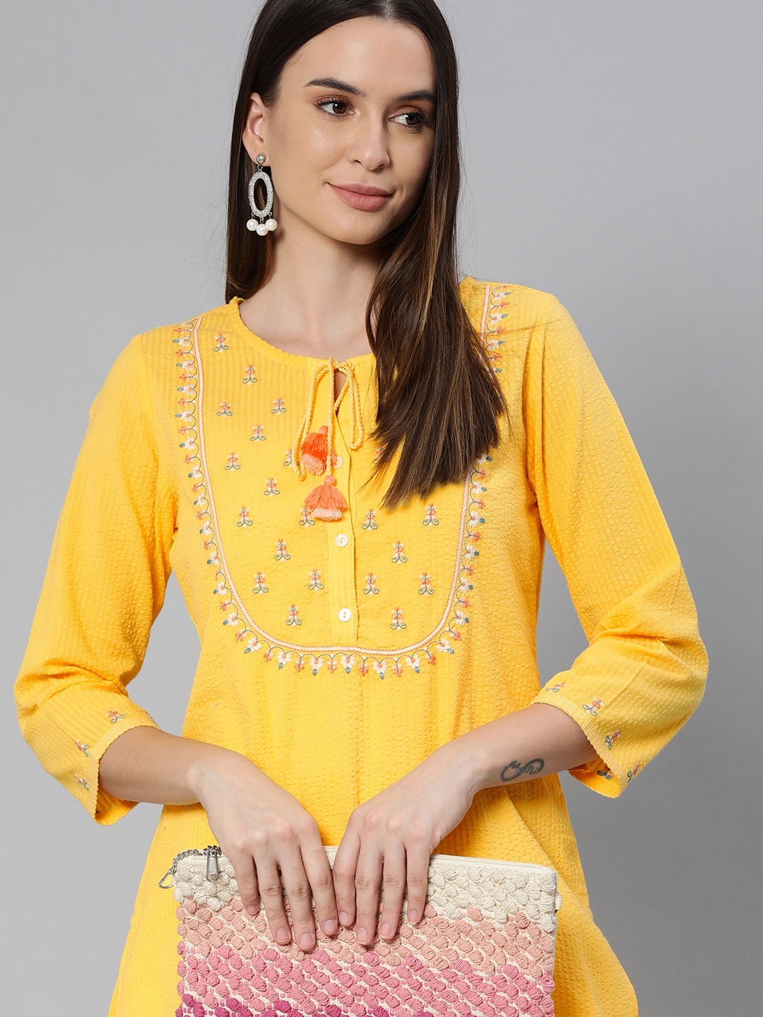 

Global Desi Women Yellow Ethnic Motifs Yoke Design Thread Work Kurta