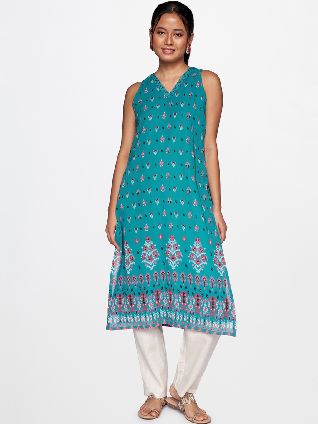 

Global Desi Women Teal Blue & Pink Ethnic Motifs Printed V Neck Kurta