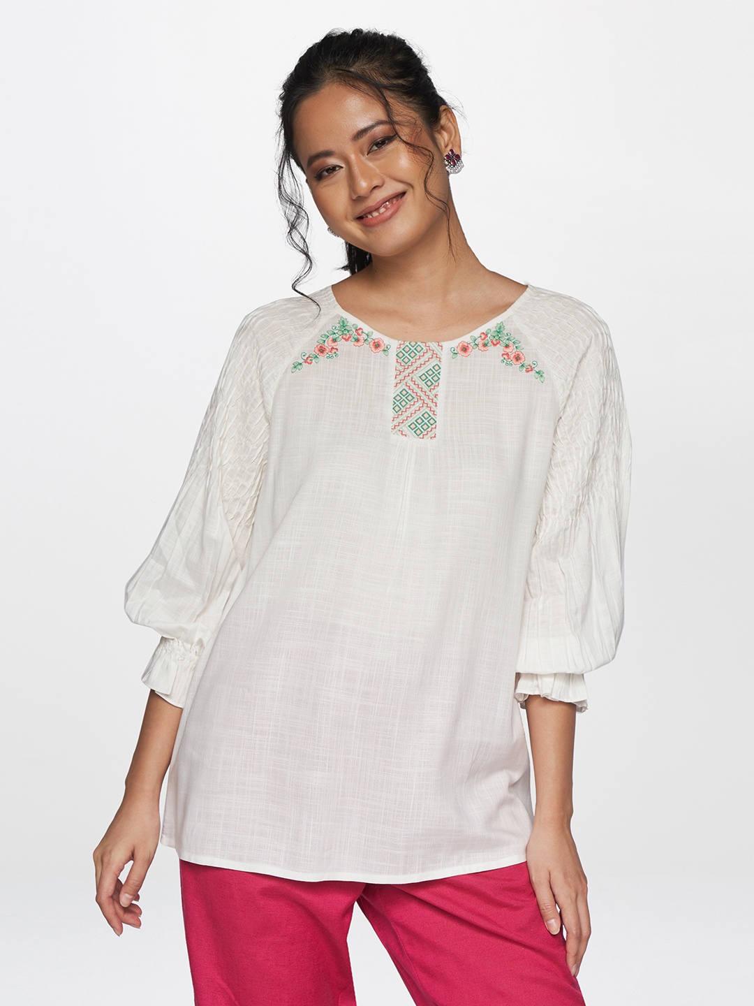

Global Desi Women White Floral Embroidered Bishop Sleeves Empire Top