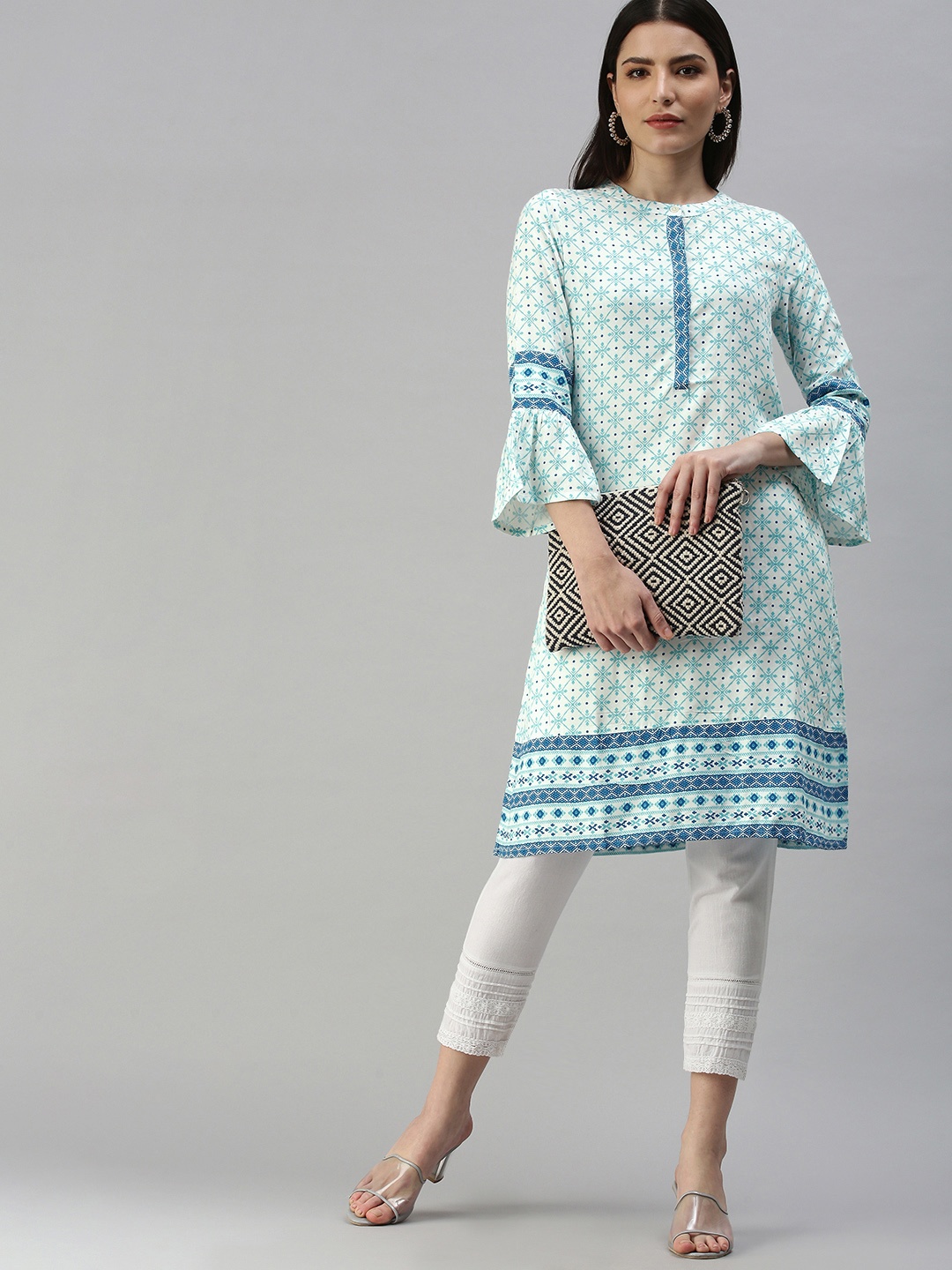 

Global Desi Women White & Blue Geometric Printed Bell Sleeves Kurta