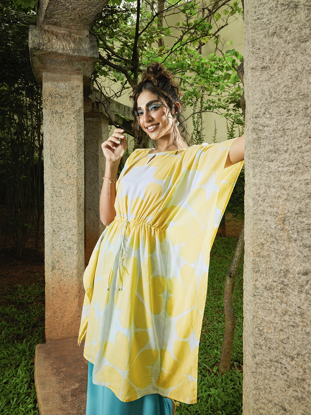 

Global Desi Women Yellow Floral Printed Flared Sleeves Straight Kurta