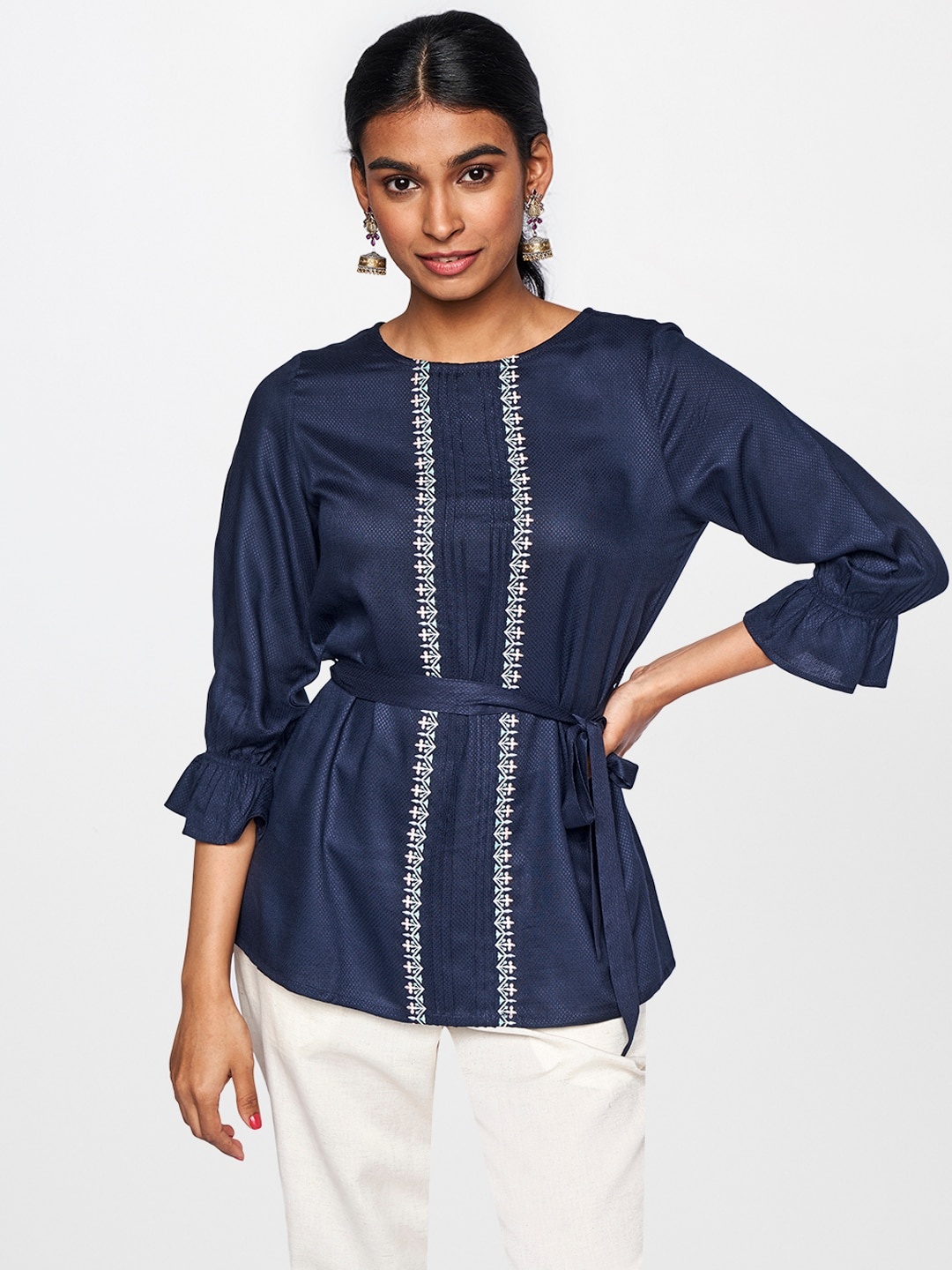 

Global Desi Navy Blue & Multicoloured Floral Lace Insert Casual Top