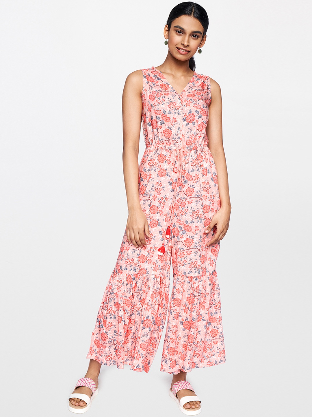 

Global Desi Women Pink & Blue Floral Printed Culotte Jumpsuit With Waist Tie-ups