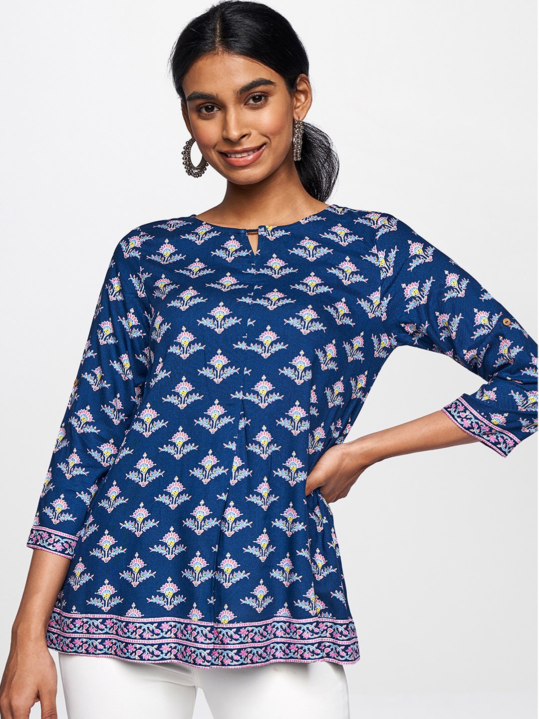 

Global Desi Dark Blue Ethnic Printed Keyhole Neck Top