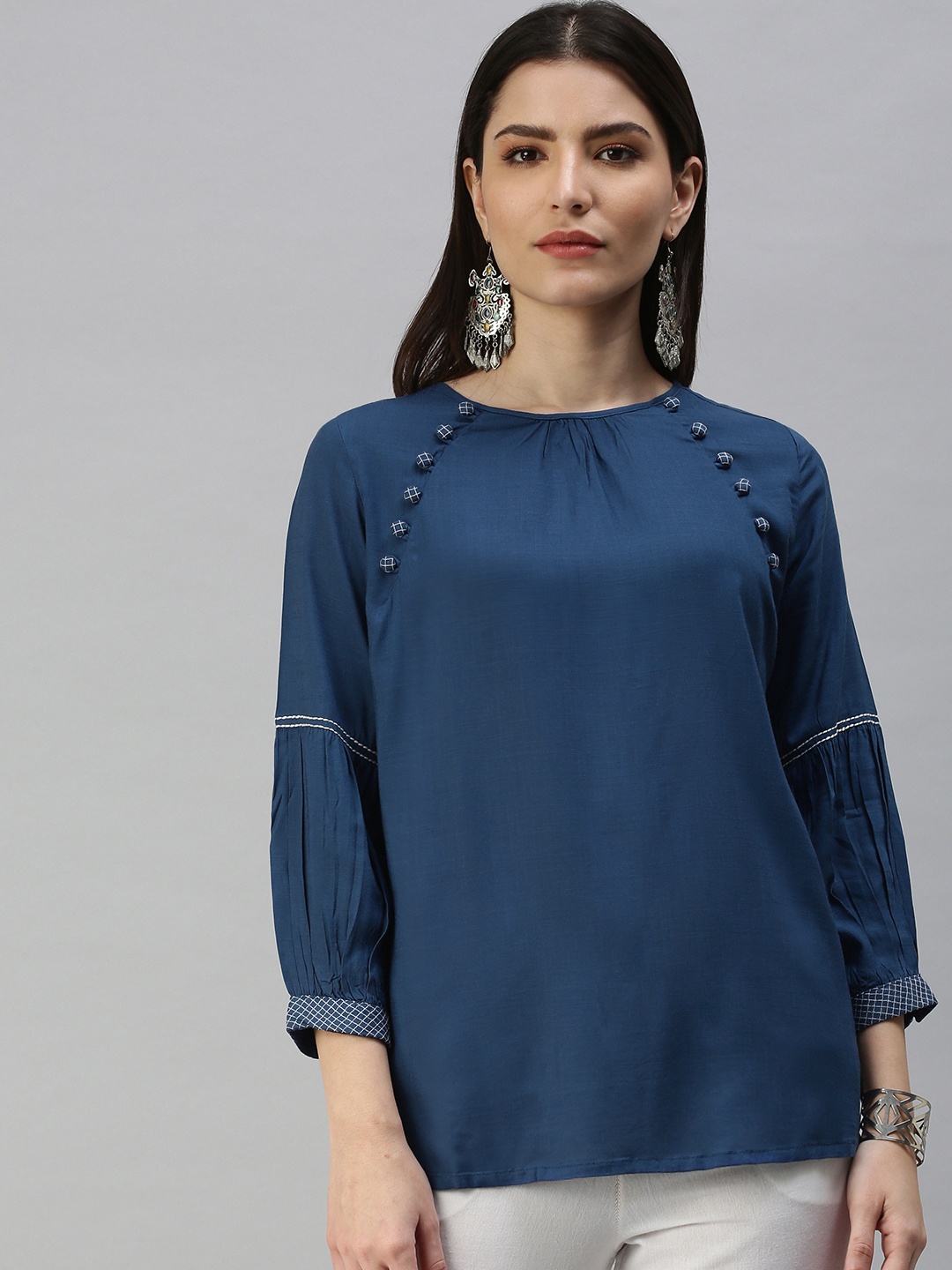 

Global Desi Navy Blue Embroidered Button Detailed Top