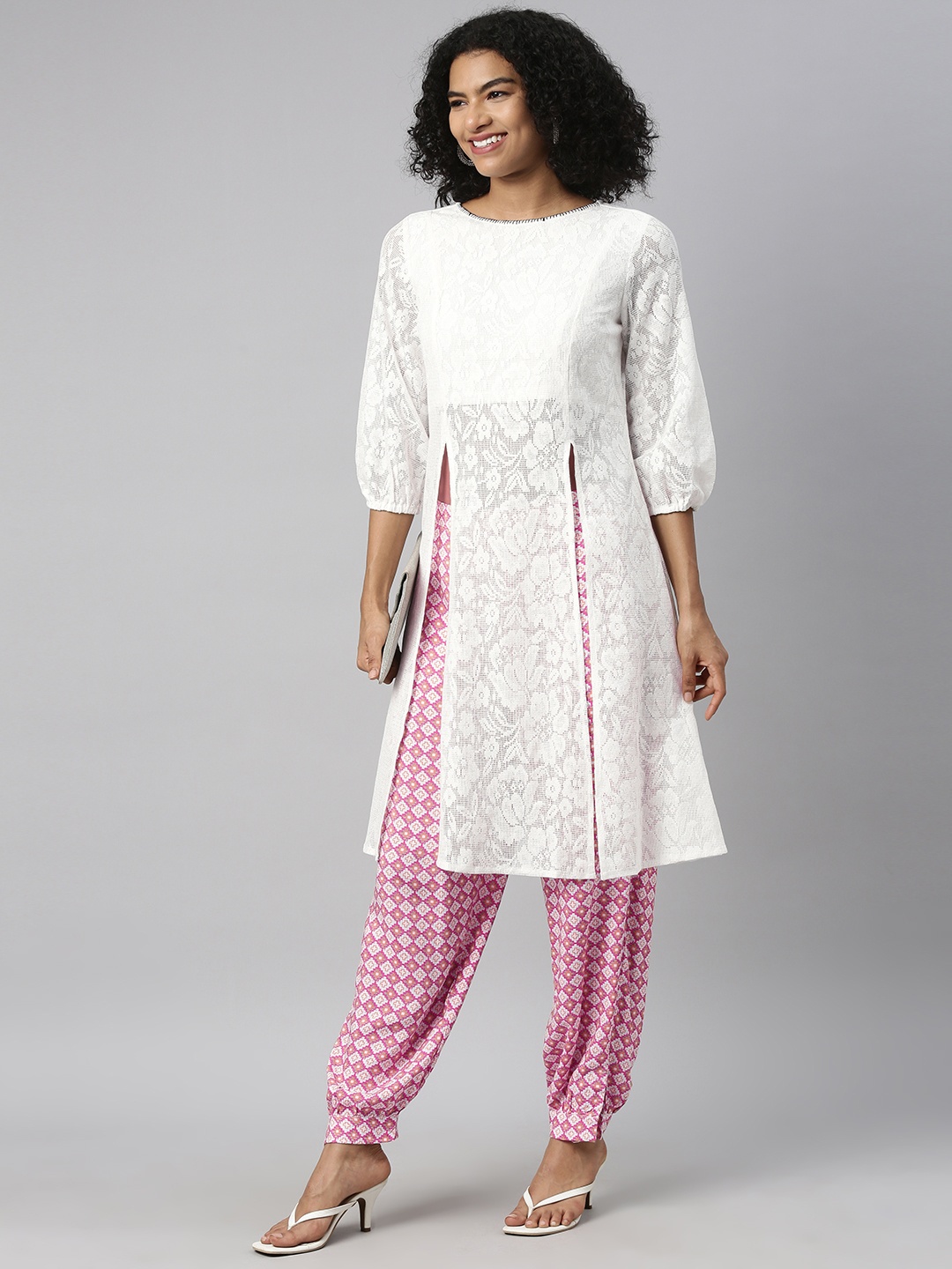 Global Desi Women White Woven Design Floral Multiple Slits Kurta