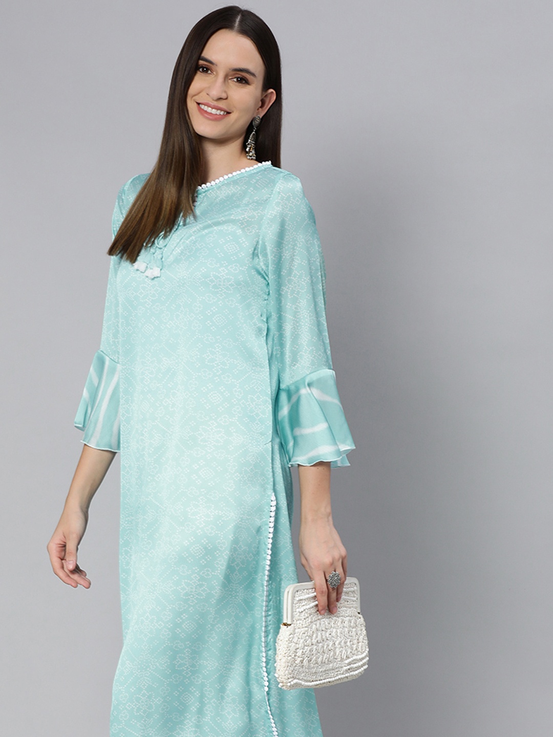 

Global Desi Women Blue & White Printed Bell Sleeves Straight Kurta