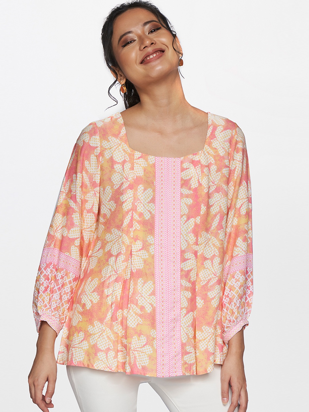 

Global Desi Women Coral Pink & Yellow Floral Print Top