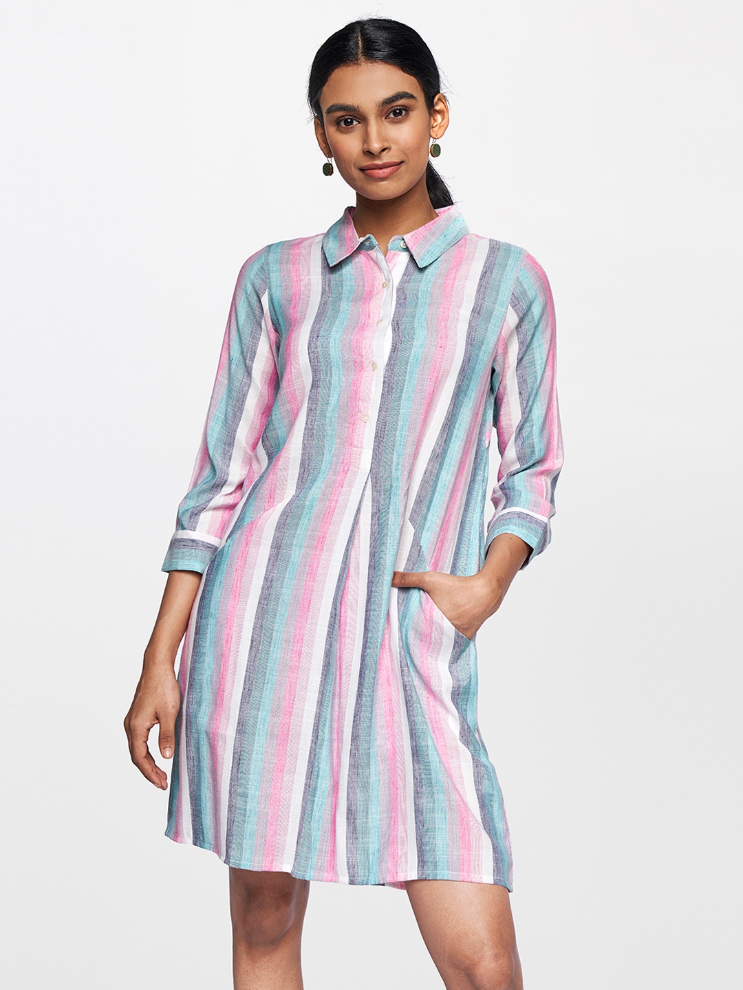 

Global Desi Women Multicoloured Striped Pure Cotton Shirt Dress, Multi
