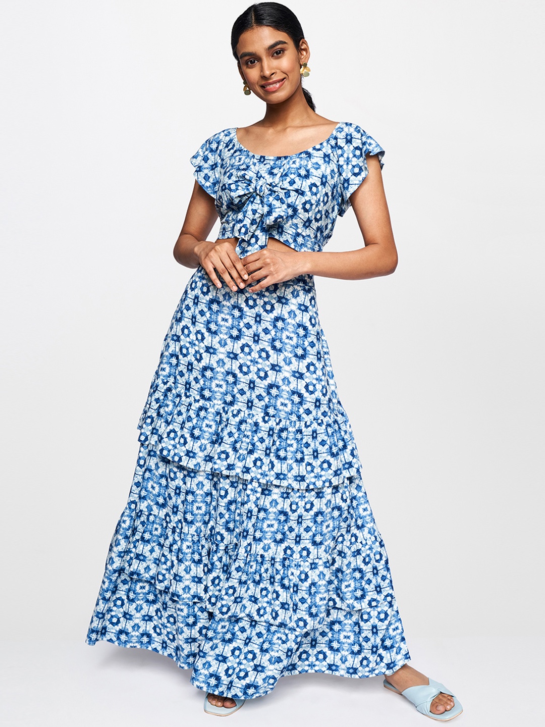 

Global Desi Blue & Off White Printed Ready to Wear Fusion Lehenga & Top