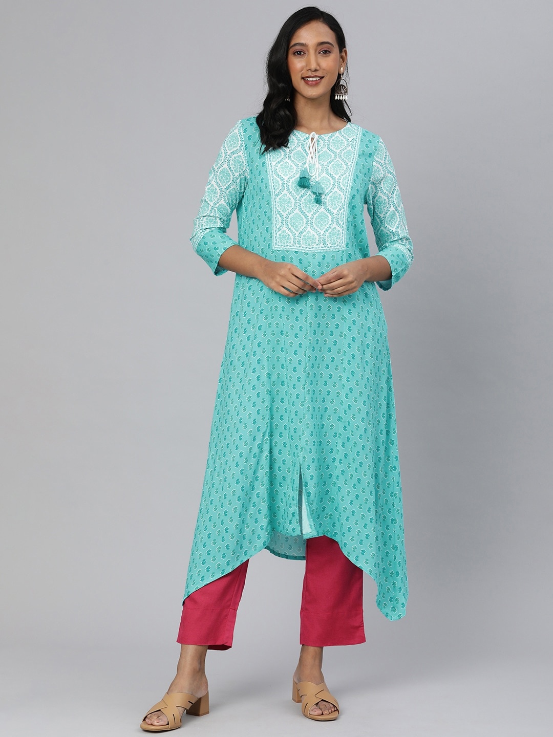 

Global Desi Women Turquoise Blue Ethnic Motifs Printed Kurta