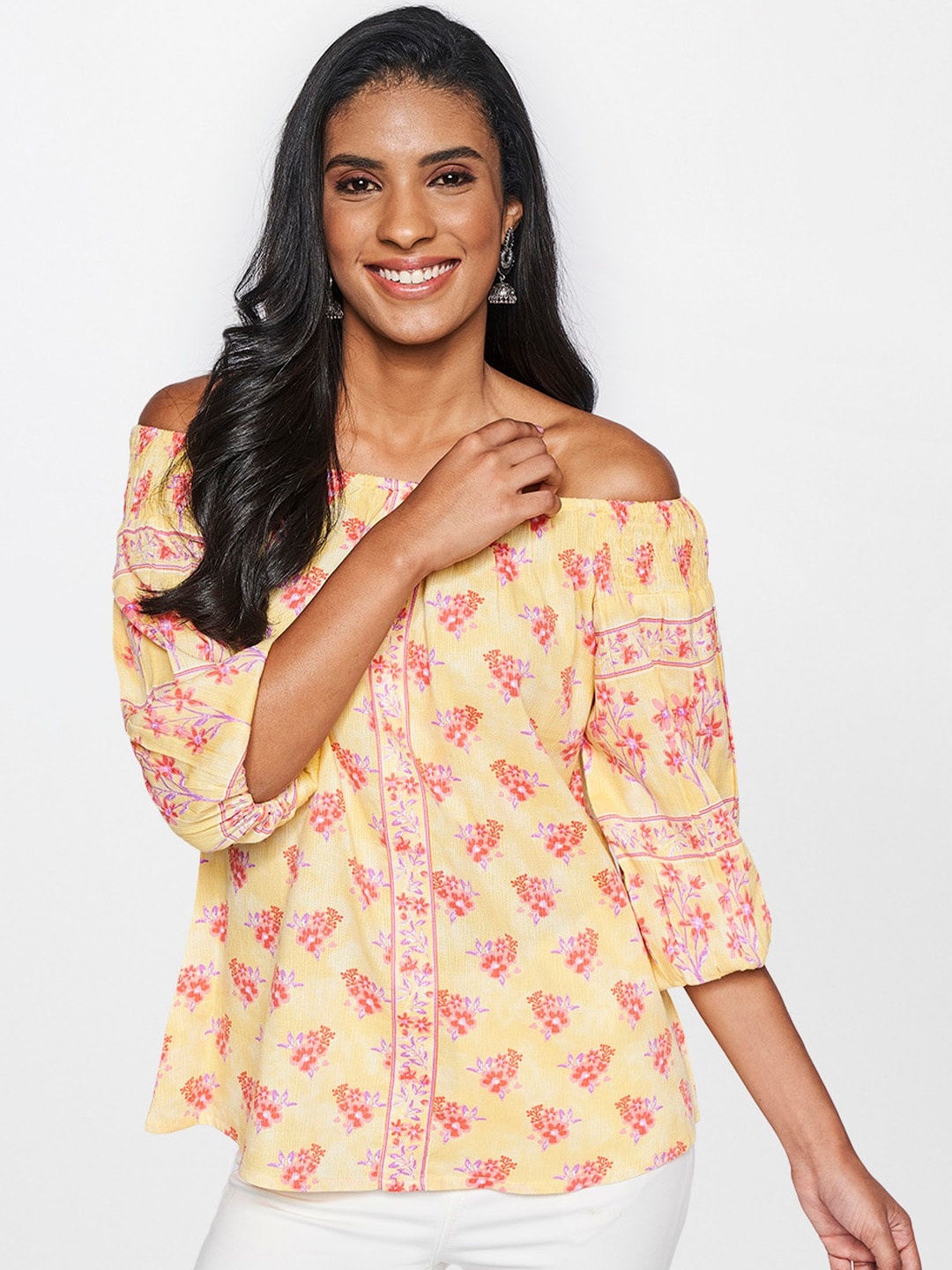 

Global Desi Women Yellow & Pink Floral Printed Off-Shoulder Top