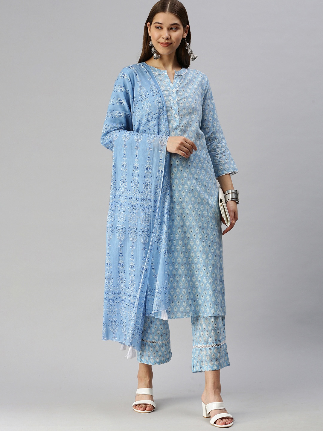 

Global Desi Women Blue Ethnic Motifs Printed Pure Cotton Kurta with Trousers & Dupatta Set