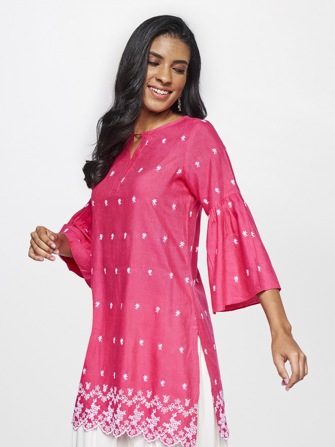 

Global Desi Women Pink & White Ethnic Motifs Embroidered Tunic