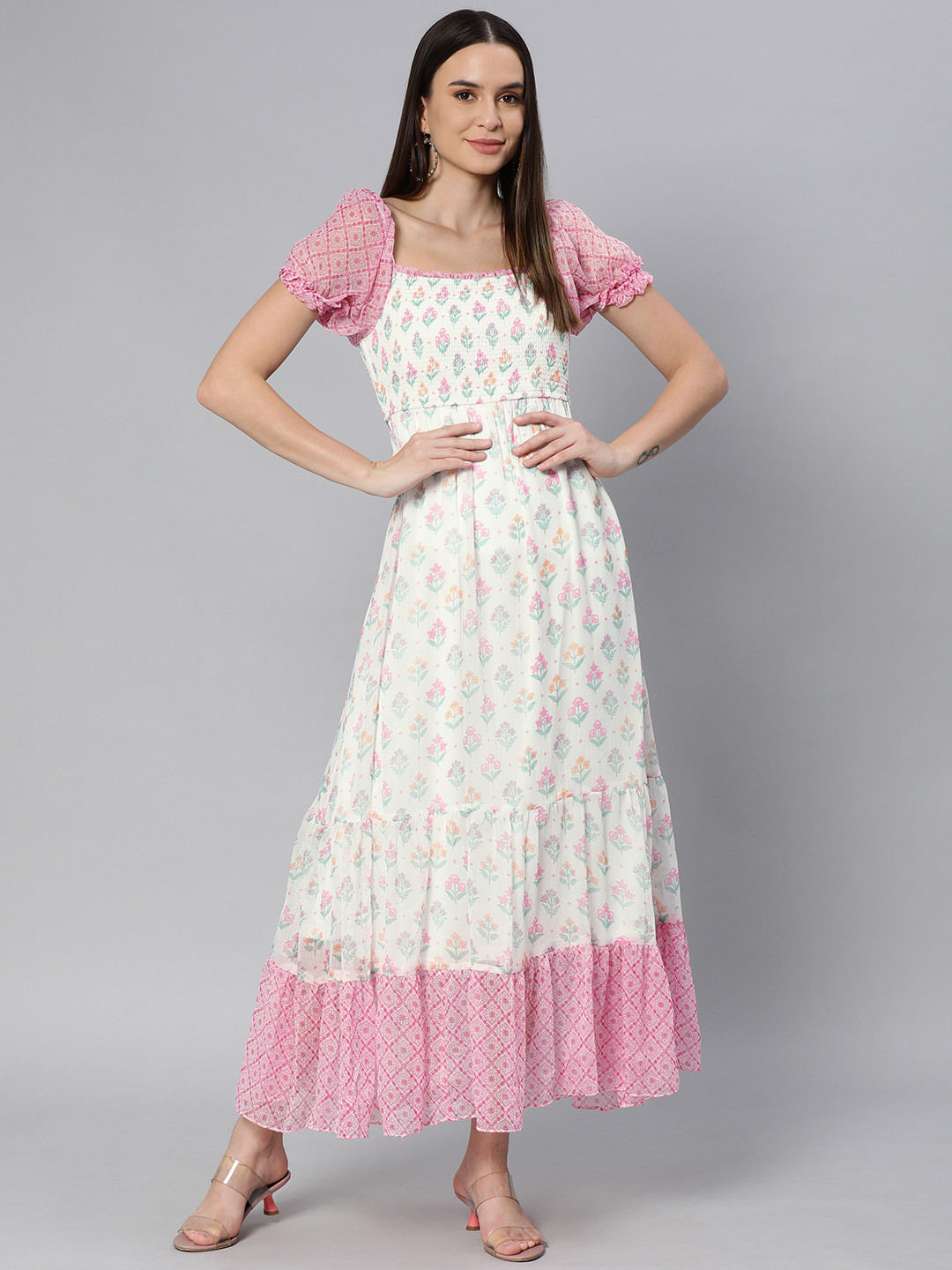 

Global Desi Women White & Pink Ethnic Motifs Printed Maxi Dress