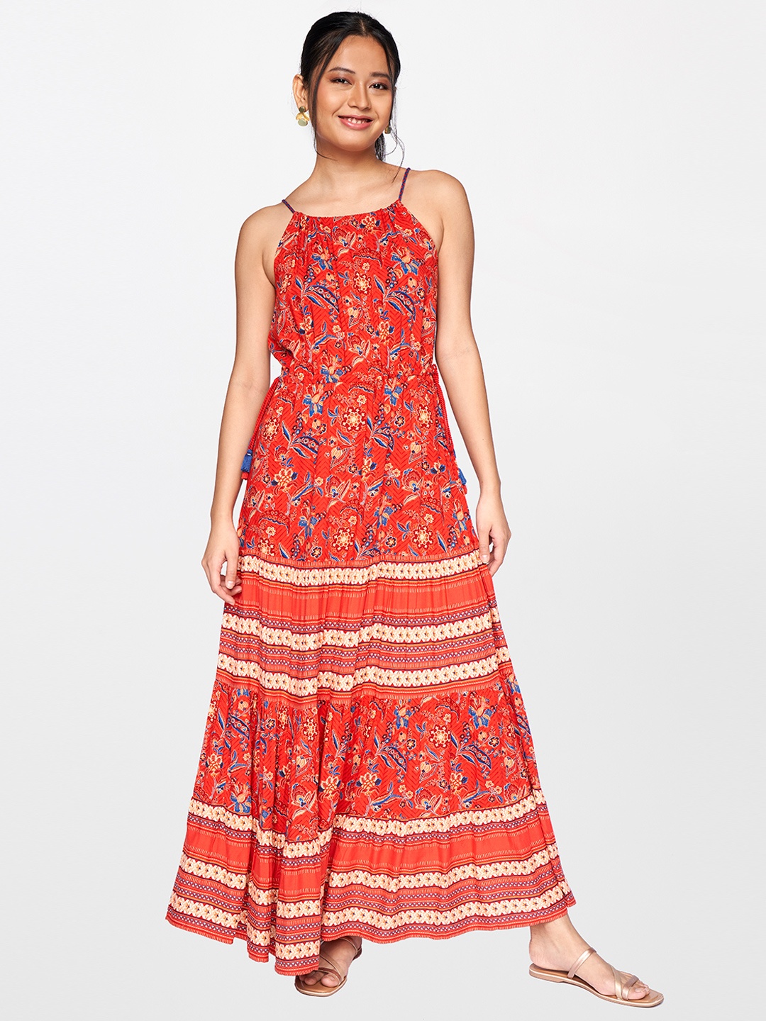 

Global Desi Red & Orange Floral A-Line Shoulder Strap Maxi Dress