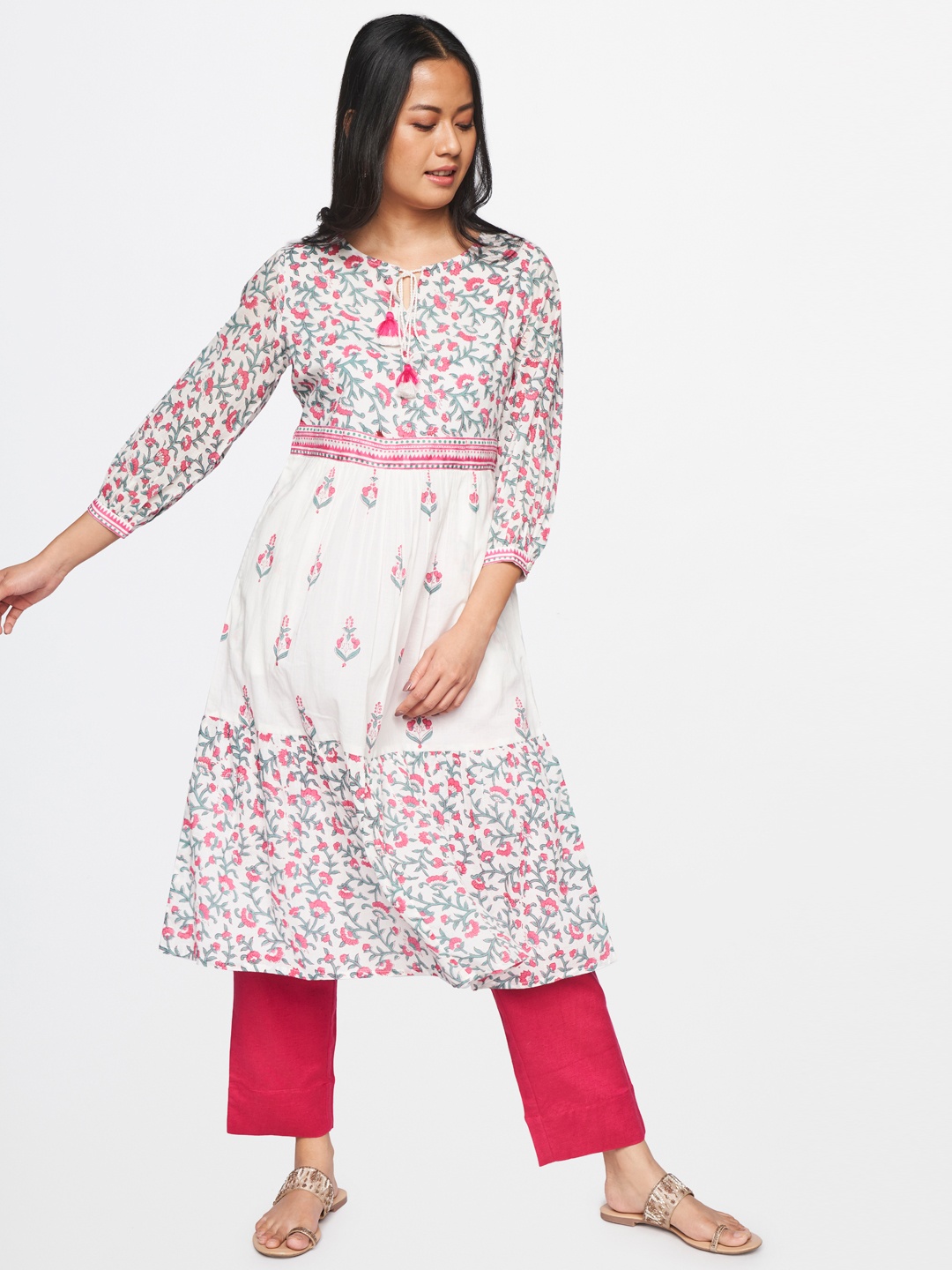 

Global Desi Women White & Multicoloured Floral Printed Anarkali Kurta