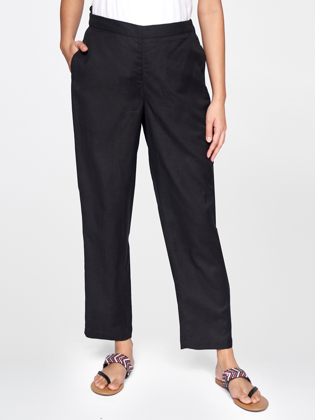 

Global Desi Women Black Solid Slim Fit Trousers