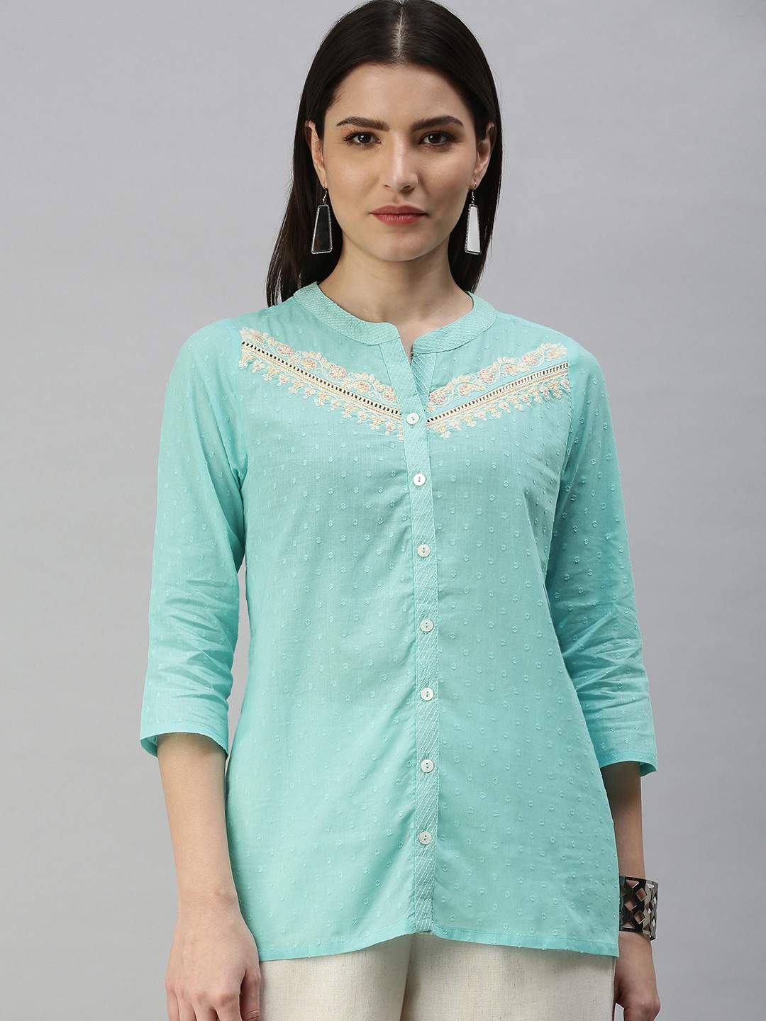 

Global Desi Blue Embroidered Mandarin Collar Shirt Style Top