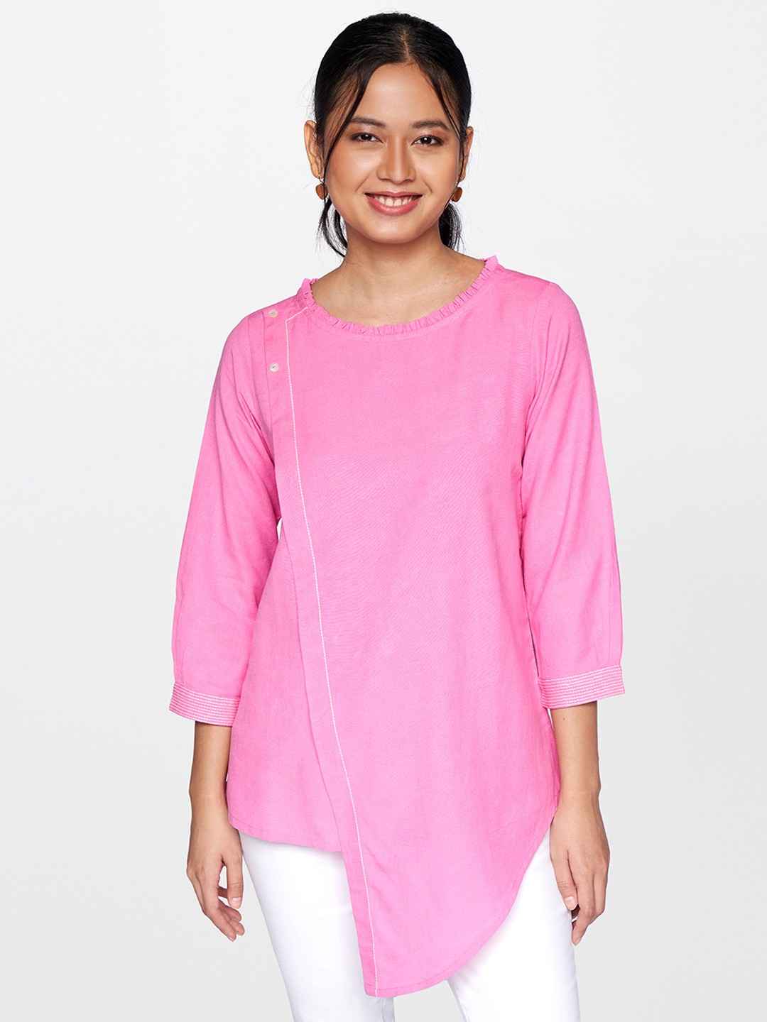 

Global Desi Pink Solid Round Neck Top