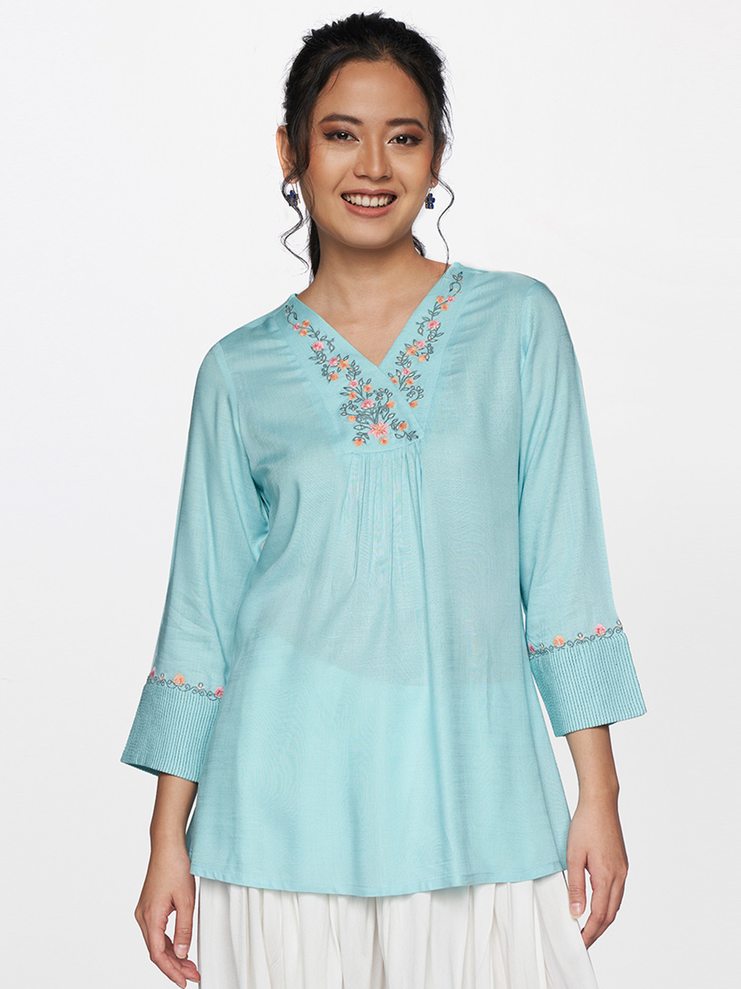 

Global Desi Blue & Orange Floral Embroidered V Neck Top