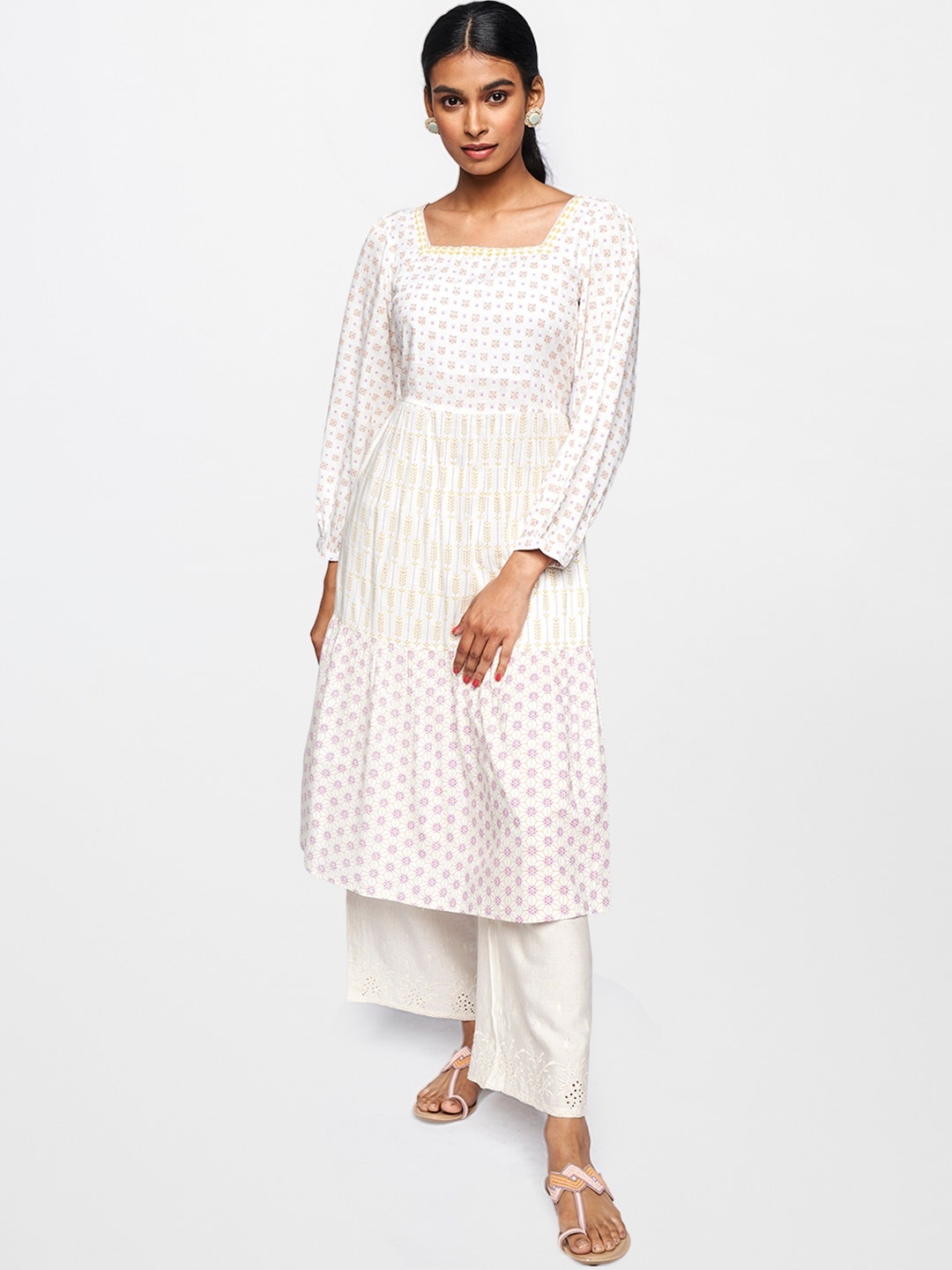

Global Desi Women Off White & Yellow Ethnic Motifs Printed Thread Work Anarkali Kurta