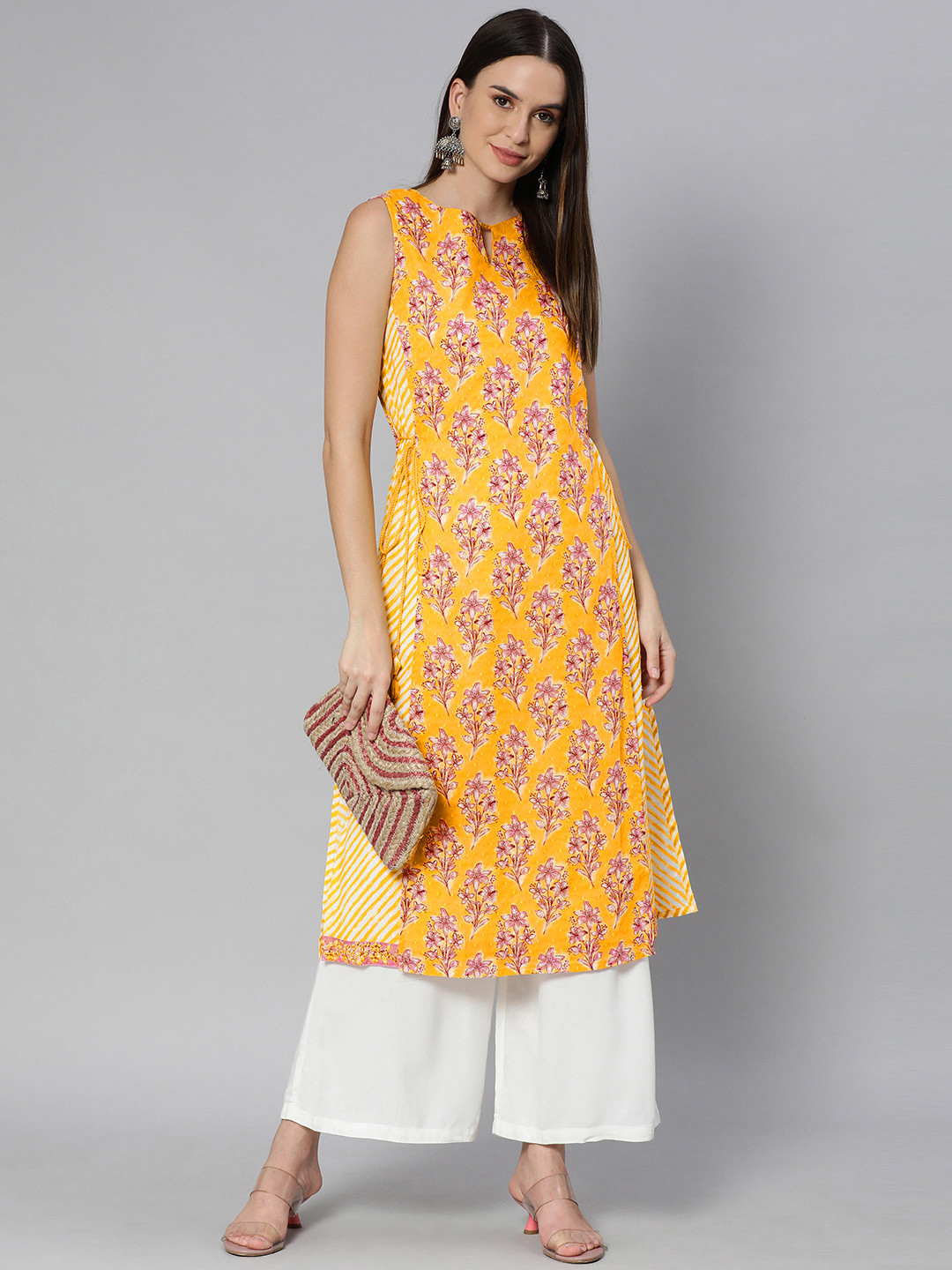 

Global Desi Women Yellow & Purple Floral Printed Keyhole Neck Angrakha Kurta