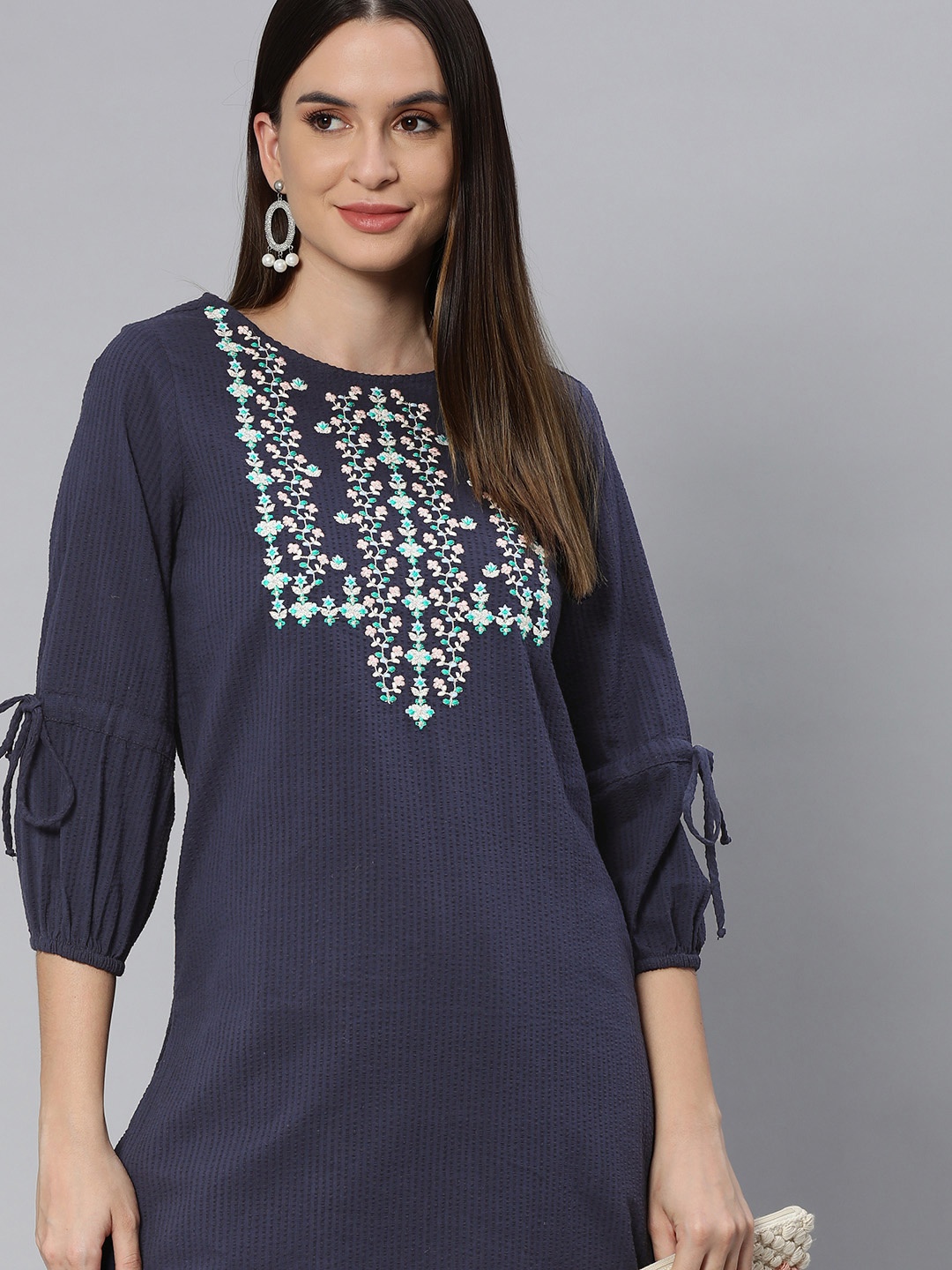 

Global Desi Women Navy Blue Floral Yoke Design Thread Work Indigo Kurta