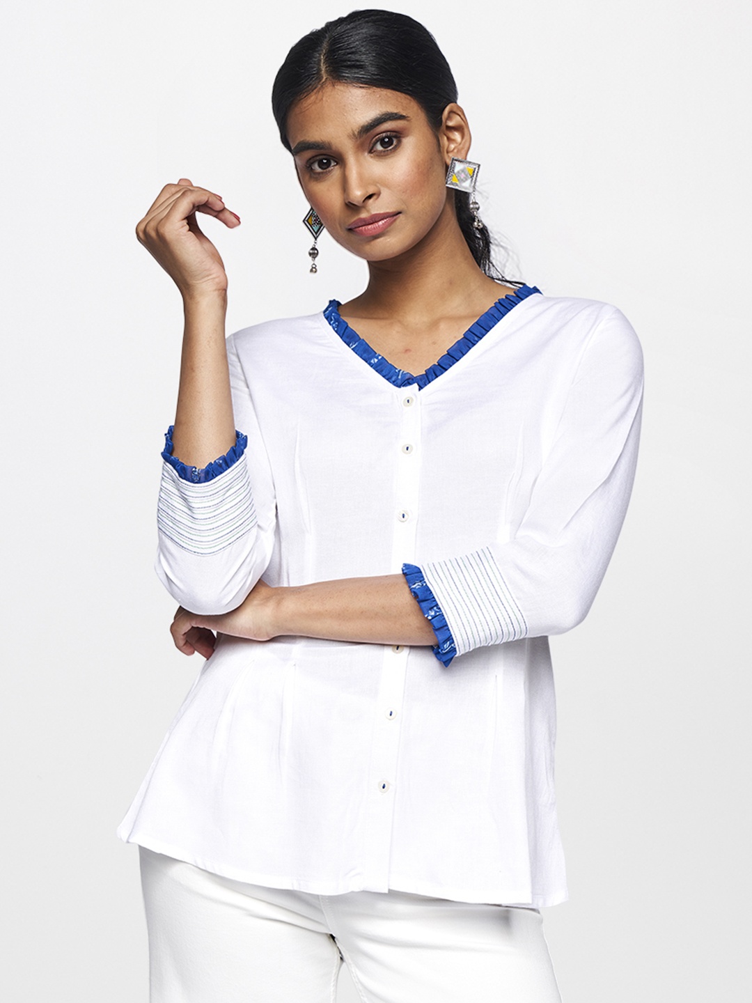 

Global Desi Women White Solid Shirt Style Top With Blue Outlining Detail