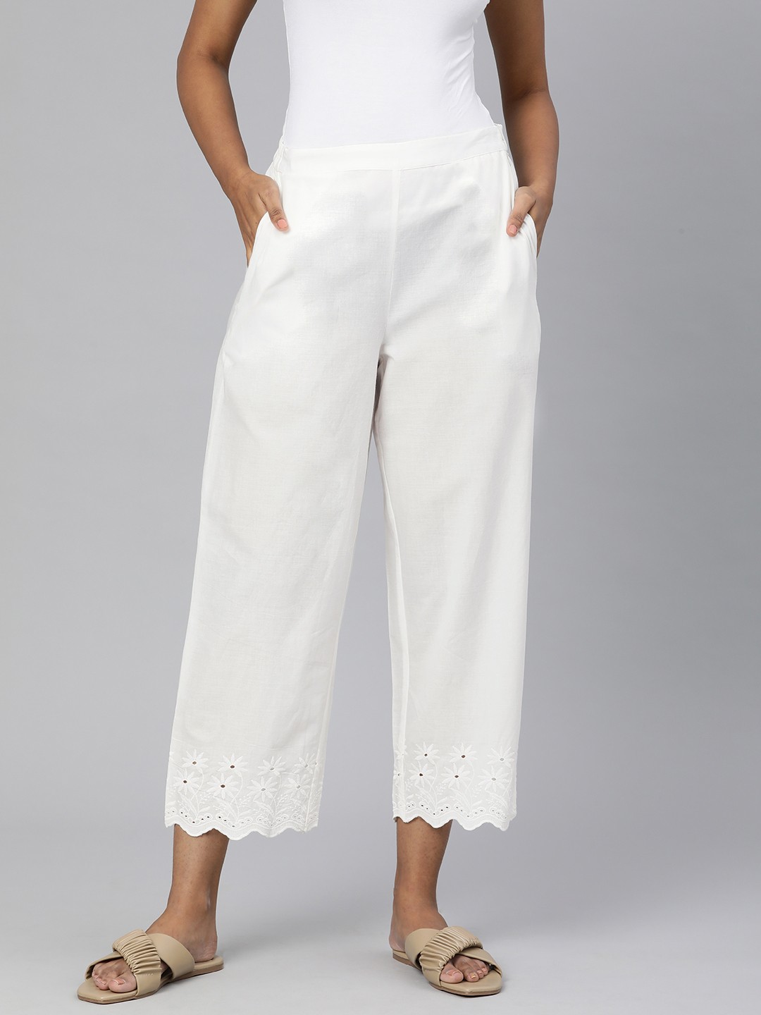 

Global Desi Women White Solid Straight Fit Trousers