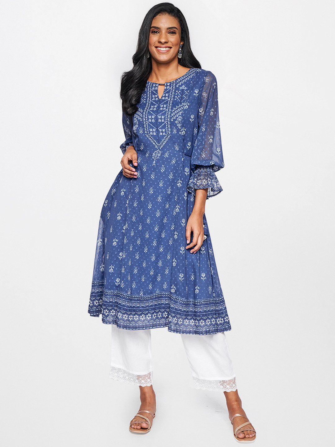 

Global Desi Women Navy Blue Ethnic Motifs Printed Keyhole Neck Indigo Kurta
