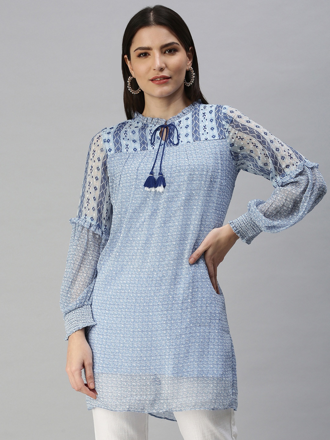 

Global Desi White & Blue Tie-Up Neck Printed Tunic