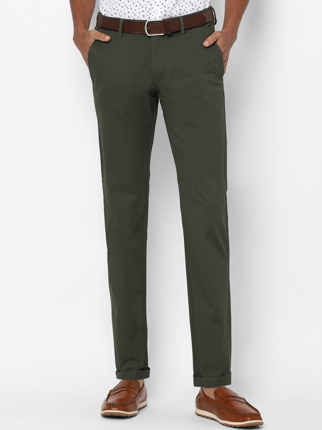 

Allen Solly Men Olive Green Checked Slim Fit Trousers