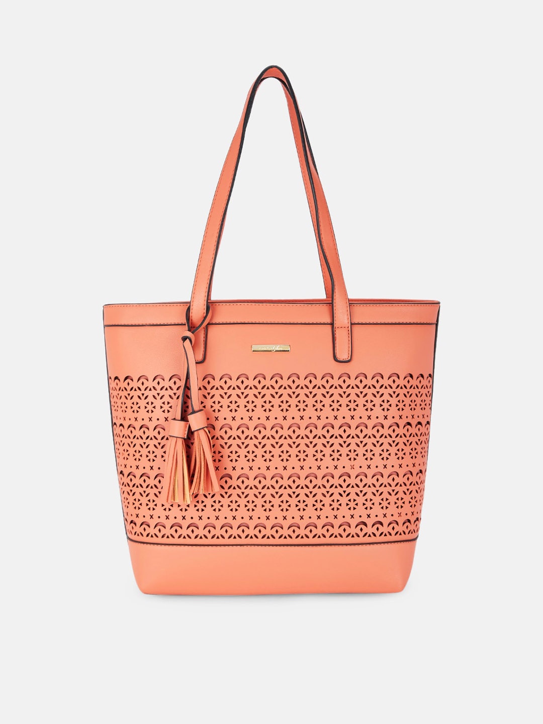 

Forever Glam by Pantaloons Peach-Coloured Structured Tote Bag with Cut Work