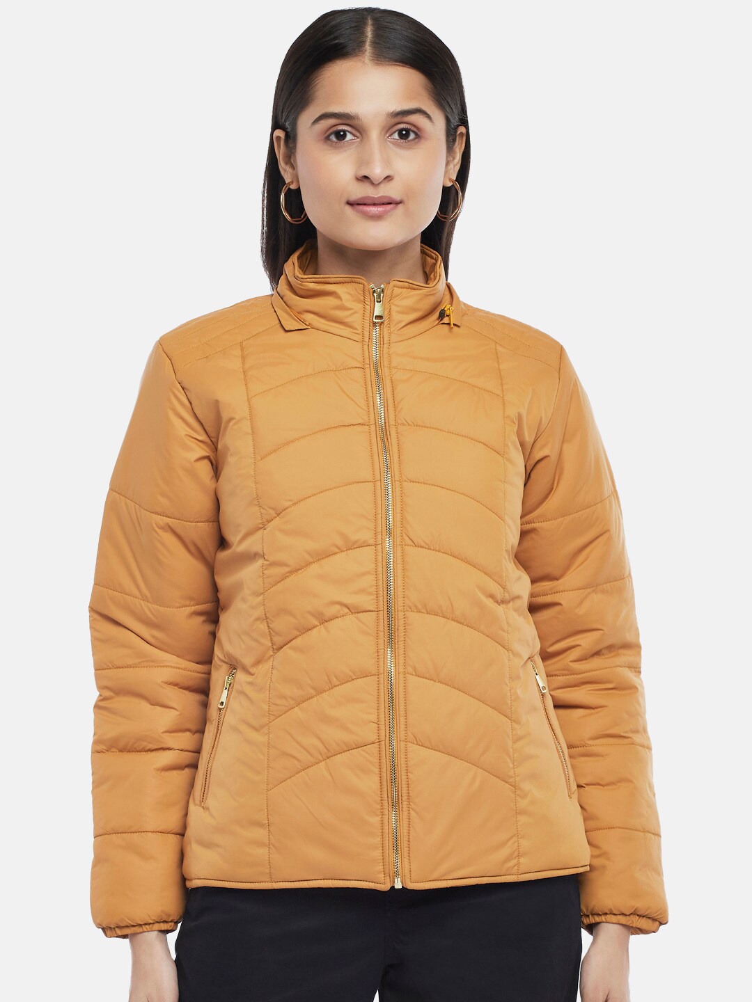 

Honey by Pantaloons Women Mustard Colourblocked Longline Puffer Jacket